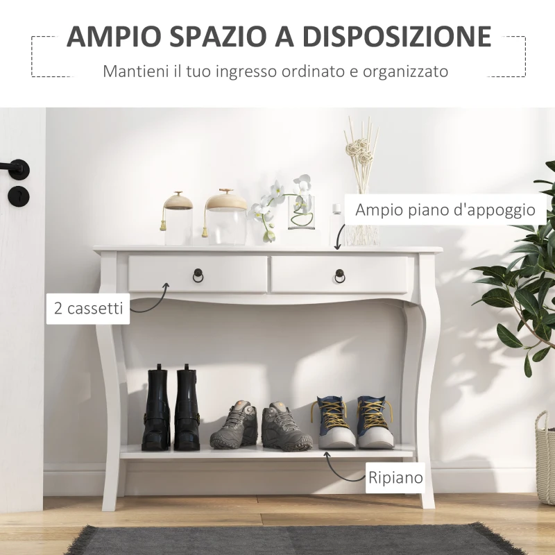 HOMCOM Mobiletto Tavolo Consolle da Ingresso Moderno con 2 Cassetti Casa Legno, per Soggiorno, Camera da Letto e Ingresso, 100x33x75cm, Bianco