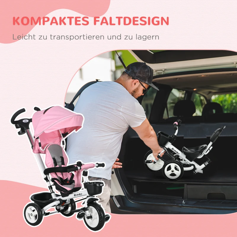 HOMCOM 6-in-1 Kinder Driewieler met Duwstang, Dak, Gordel, Opbergmand, 18+ Maanden, Roze(m-5)