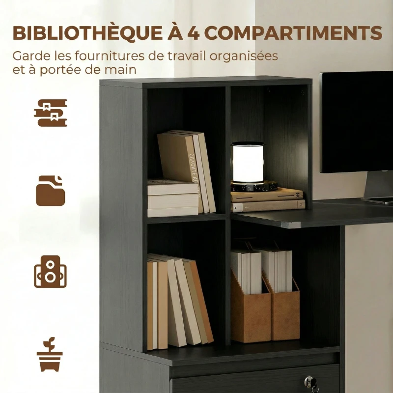 HOMCOM Bureau d'ordinateur avec bibliothèque 4 compartiments et tiroir verrouillable, 126 x 50 x 109 cm, noir