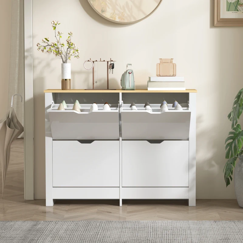 HOMCOM Smalle Schoenenkast met 4 Klapvakken voor 8–16 Paar Schoenen, 105 x 26 x 80 cm, Wit + Natuurlijk hout