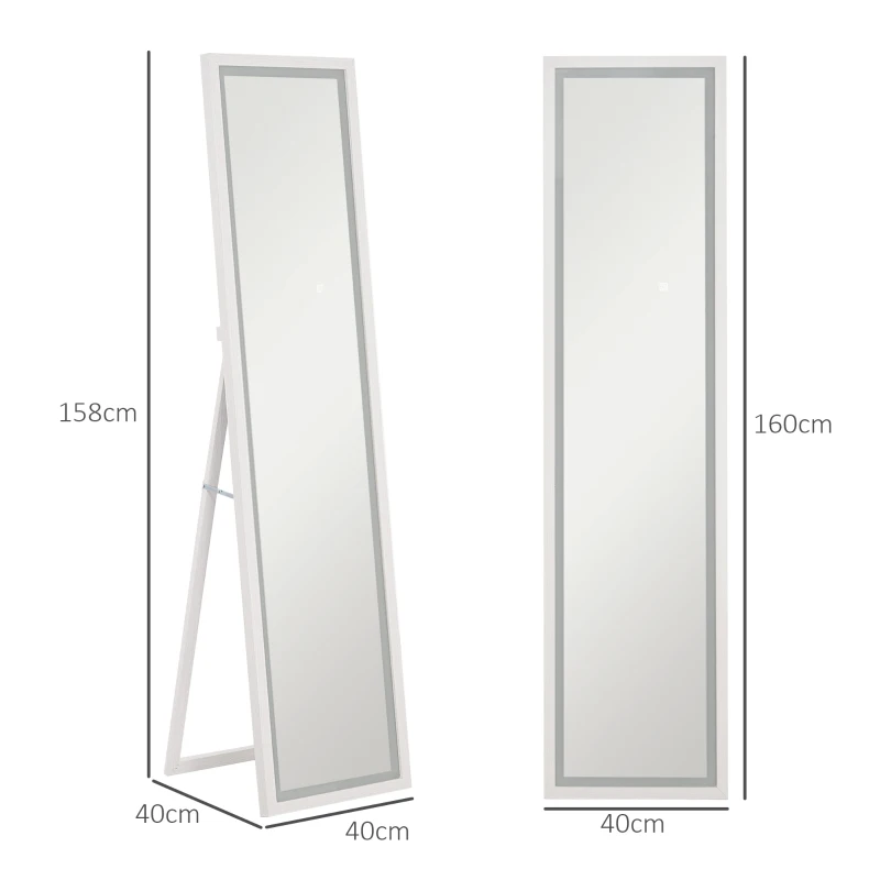 HOMCOM Volledige lengte spiegel, 40x160 cm, LED-verlichting, Touchbediening, dimbaar, 3 kleuren, Wit
