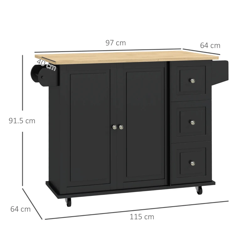HOMCOM Kitchen Island with Drop Leaf, Rolling Kitchen Storage Trolley on Wheels with 3 Drawers, Black