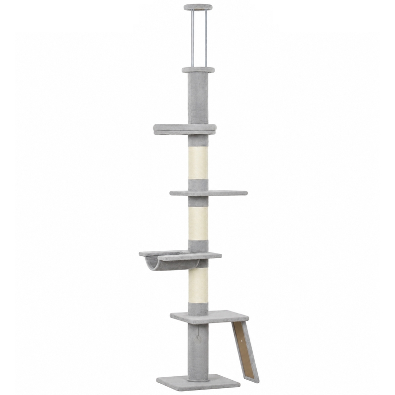 PawHut Arbre à chat du sol au plafond hauteur 230-260 cm, 3 poteaux griffoirs, hamac, en peluche, Gris clair