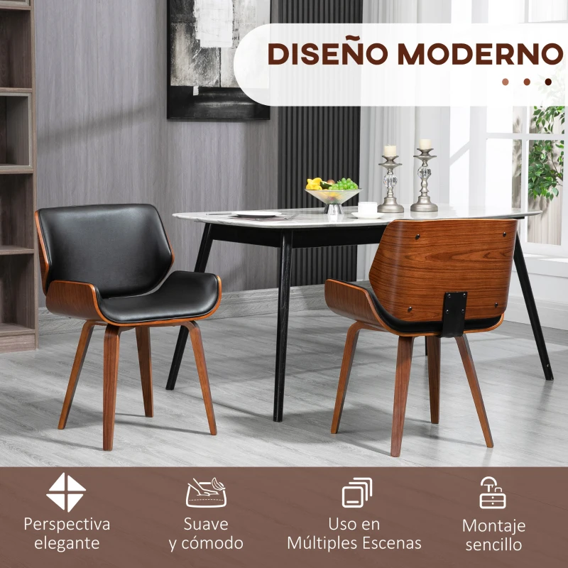 HOMCOM Pack de 2 Sillas de Comedor con Patas de Madera Tapizadas en Cuero Sintético Respaldo Curvado 53x54x81 cm Negro
