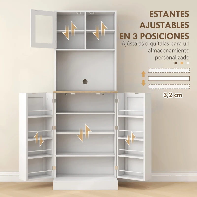 HOMCOM Alacena de Cocina con 3 Puertas Estantes Ajustables y Estantes en la Puerta para Comedor Salón 60x35x169 cm Blanco