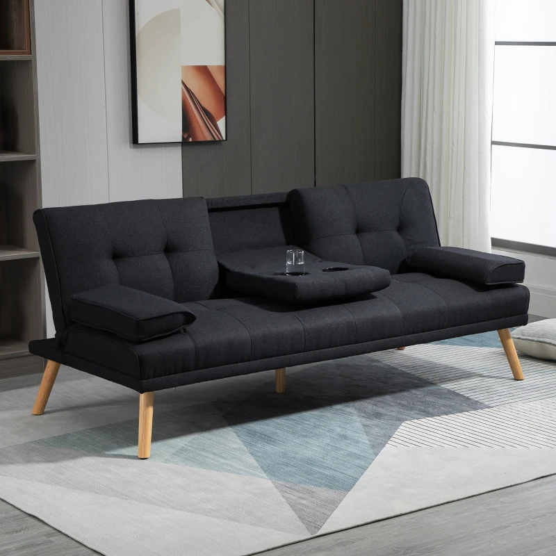 HOMCOM Slaapbank, logeerbed, verstelbare rugleuning, inklapbare tafel, 181x77x78 cm, Zwart