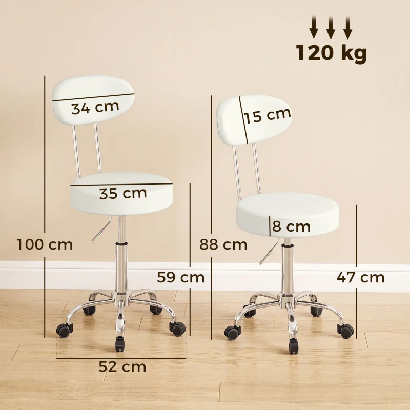 HOMCOM Tabouret à roulettes pivotant hauteur réglable en cuir synthétique avec dossier pour spa bureau tatouages Blanc