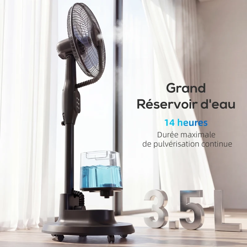 HOMCOM Ventilateur brumisateur silencieux 90W ventilateur sur pied 128cm oscillation 70° 3 vitesses 3 modes minuterie noir