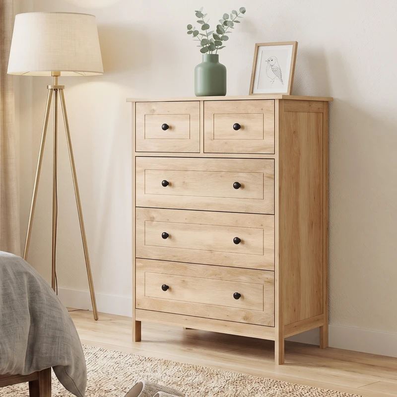 HOMCOM Commode meuble de rangement 5 tiroirs pour chambre, bureau, entrée, chêne et poignée métal noir