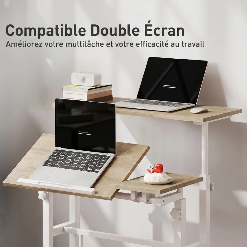 HOMCOM Bureau assis debout bureau réglable en hauteur 70 x 60 cm à roulettes avec plateau inclinable cadre en métal marron