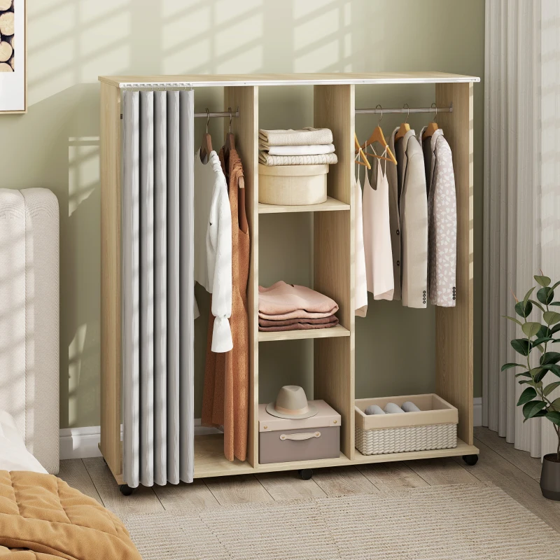 HOMCOM Armoire penderie Meuble de Rangement Mobile 6 roulettes 120L x 40l x 128H cm en bois naturel