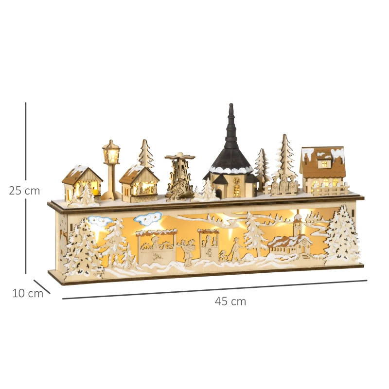 HOMCOM kerstdecoratie, besneeuwd kerstdorp, 10 LED's, warm wit licht, hout, 45 x 10 x 25 cm
