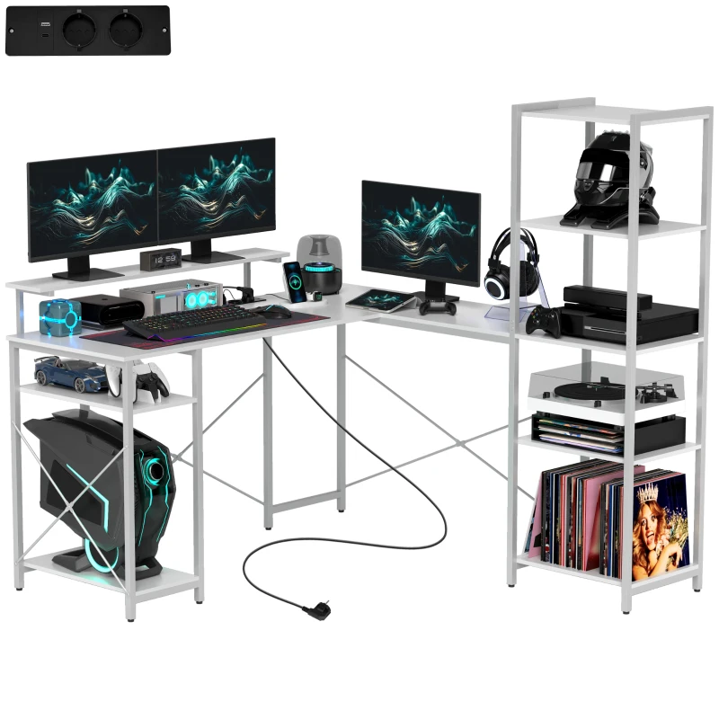 HOMCOM L-vormig bureau met oplaadstation, hoekcomputertafel met monitorstandaard en planken, voor thuiskantoor, kantoor, Wit(m-10)