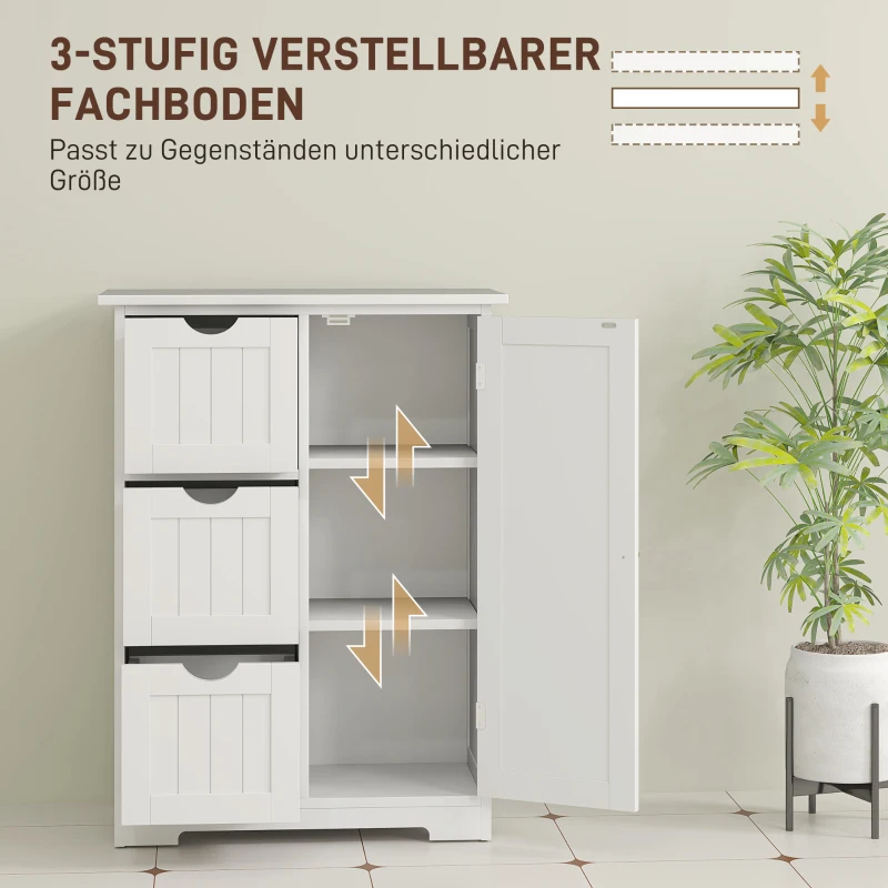 HOMCOM Badkamerkast, Badkamercommode, 3 Laden, Schap, MDF, Wit