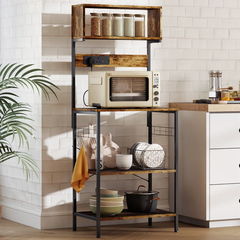 HOMCOM Kitchen Storage Rack, Bakers Rack with Power Outlet, USB Charger, Rustic Brown