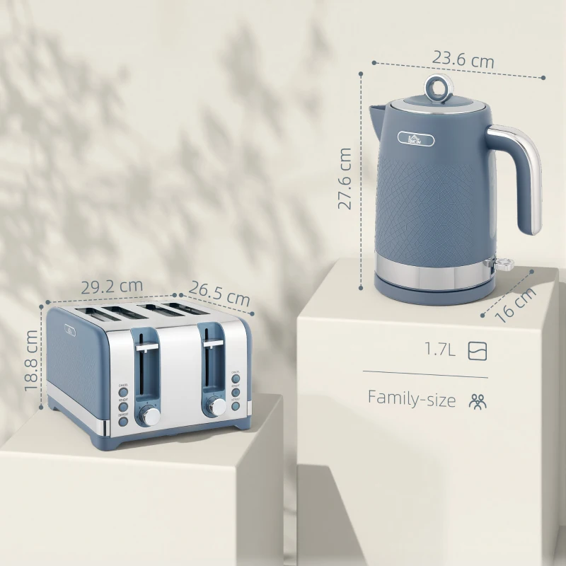 HOMCOM Sleek Textured Kettle and Four-Slice Toaster Set - Blue