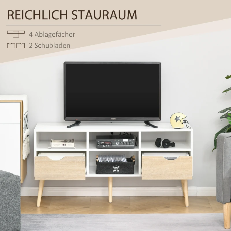 HOMCOM tv-tafel tv-meubel met 2 lades tv-plank spaanplaat massief houten poten wit + eiken 117 x 39 x 57 cm