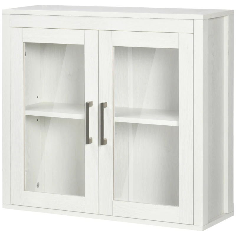 kleankin Armario de Baño de Pared con Puertas de Vidrio y Estante Ajustable Mueble Colgante Moderno 60x19,5x54 cm Blanco