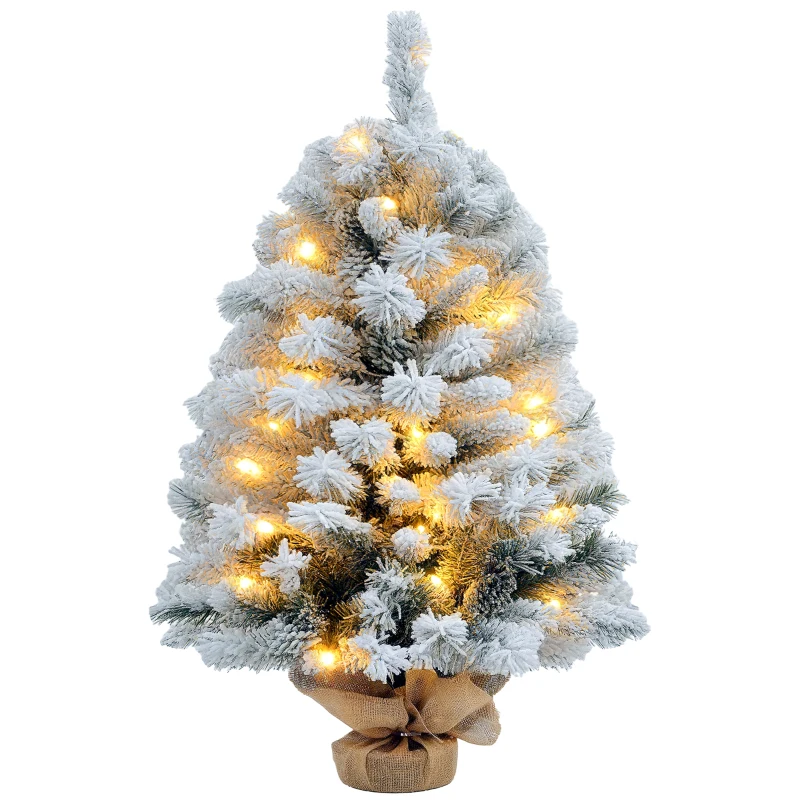 HOMCOM Kerstboom 90 cm, LED-Verlichting, Sneeuwtakken, Dennenappels, Vlamvertragend, Betonnen Voet