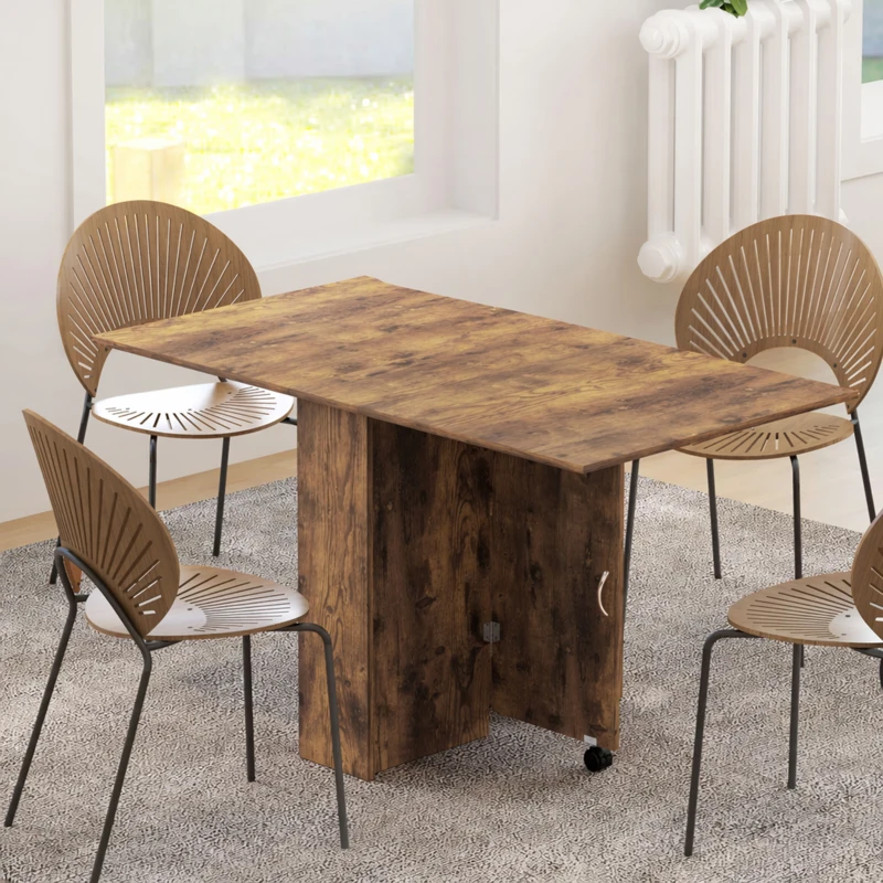 HOMCOM Table à Manger Pliante Mobile sur Roulettes, 2 Plateaux Rabattables, 2 Étagères Intégrées, 140x80x74cm, Brun Rustique
