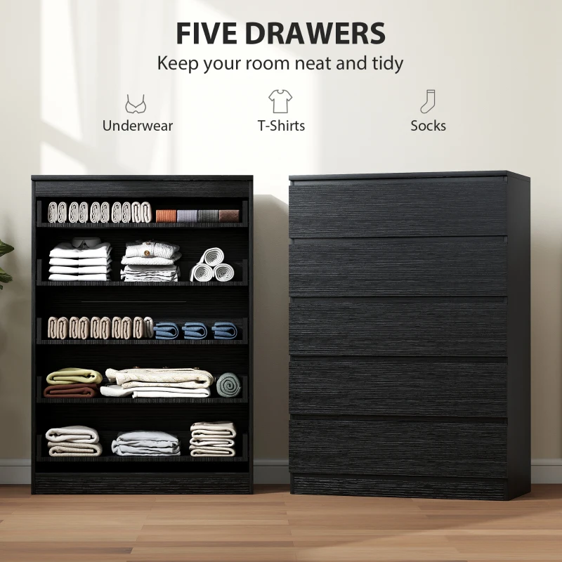 HOMCOM Chest of Drawers, 5 Drawer Dresser, Modern Storage Cabinet with 5 Drawers, for Bedroom, Living Room, Black