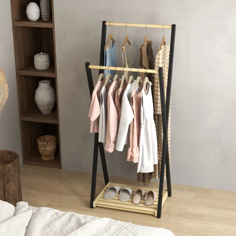 HOMCOM Appendiabiti da Terra in Legno con 2 Barre e Ripiano Inferiore Design Moderno, 61x45x152cm