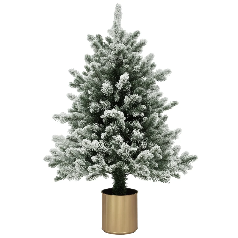 HOMCOM Kerstboom met Dennenappels, Sneeuwbedekt, Vlamvertragend, Stabiel, Ø60 x 100H cm, Groen/Goud(m-10)