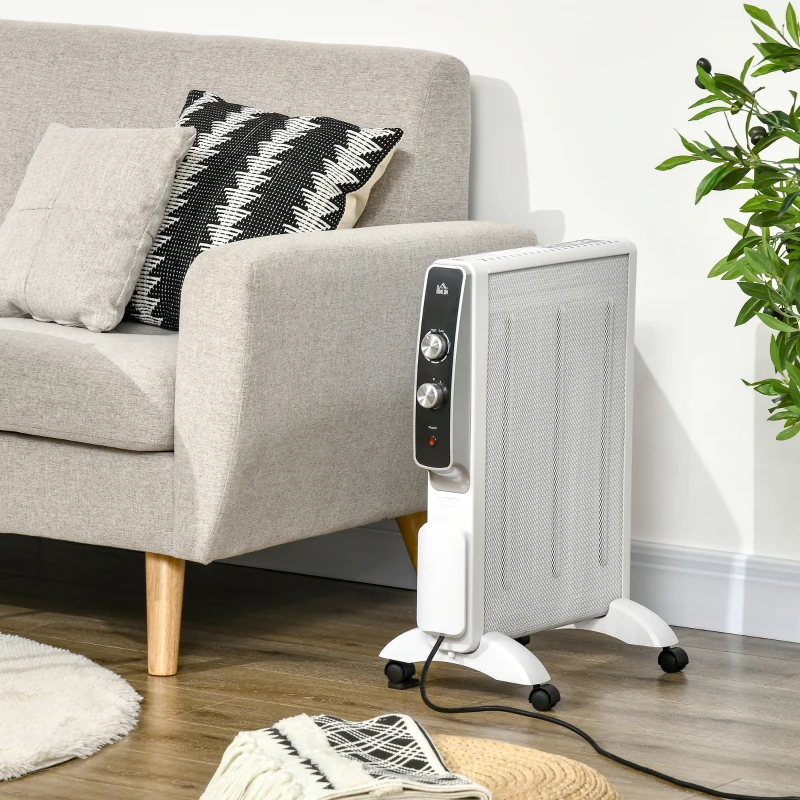 HOMCOM Aquecedor Elétrico 750W/1500W Aquecedor de Mica com Ecrã LED Controlo Remoto Termostato Temporizador 47x26,5x61,5cm Branco