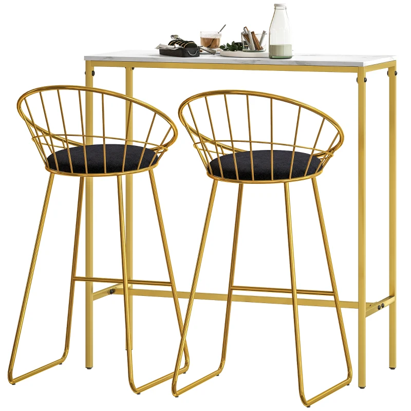 HOMCOM Ensemble table de bar avec tabourets table à manger debout avec 2 chaises pieds en acier 100 x 40 x 107 cm doré
