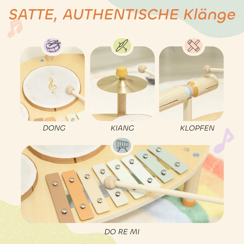 AIYAPLAY Kinder Drumstel 4-in-1 Montessori Muziekinstrumentenset met Trommels Xylofoon Percussie voor Kinderen vanaf 2 Jaar