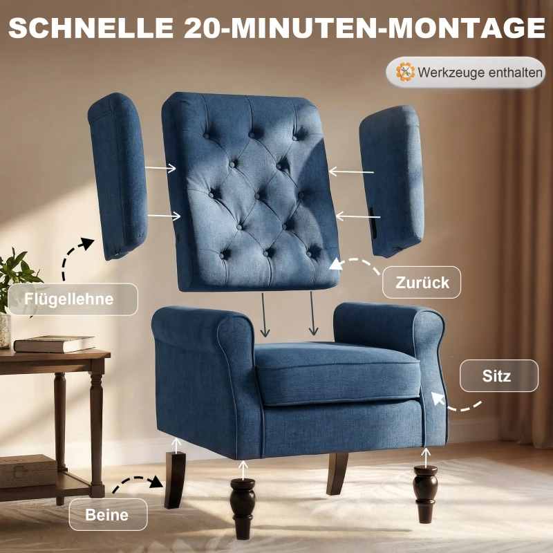 HOMCOM Elegante oorfauteuil, dik gewatteerd, afneembare bekleding, 74 x 86 x 102 cm, blauw(m-7)