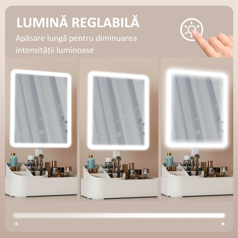 HOMCOM Oglindă de machiaj cu lumini, oglindă de toaletă reîncărcabilă cu ecran tactil, 2 moduri de iluminare și rotație de 180°, alb