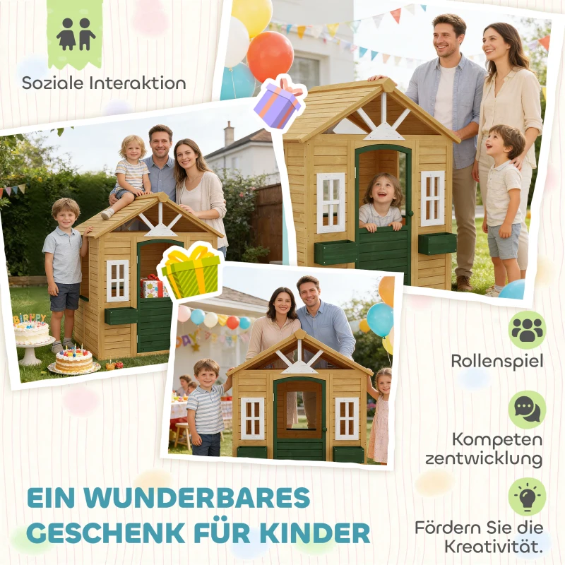 AIYAPLAY Houten kinderspeelhuis voor buiten met deur, 3 ramen en 2 bloembakken voor kinderen van 3-8 jaar, 134,5 x 97 x 150 cm, bruin