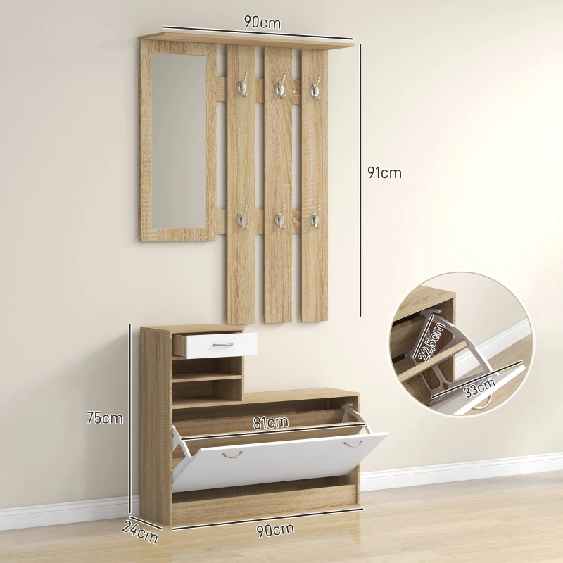 HOMCOM Recibidor de Entrada con Espejo Perchero y Zapatero Mueble de Recibidor de 2 Piezas con Ganchos Estantes Cajón Natural