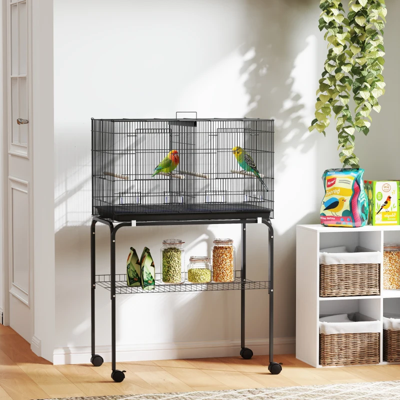 PawHut Cage à Oiseaux Volière Intérieur Acier avec Séparateur, 4 Perchoirs, Plateau Coulissant, 4 Mangeoires, 76x46x116cm, Noir