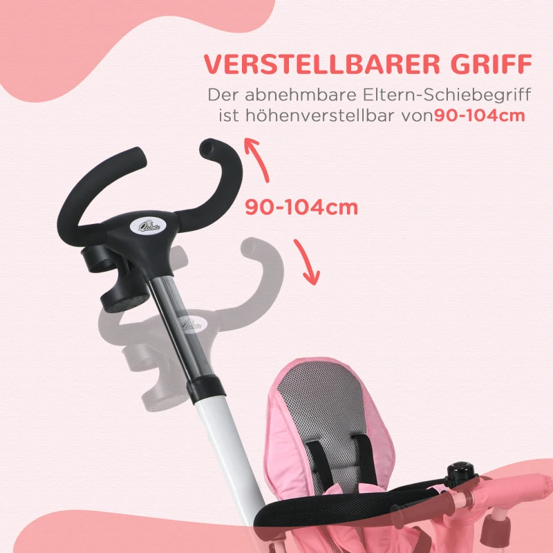 HOMCOM 6-in-1 Kinder Driewieler met Duwstang, Dak, Gordel, Opbergmand, 18+ Maanden, Roze(m-7)