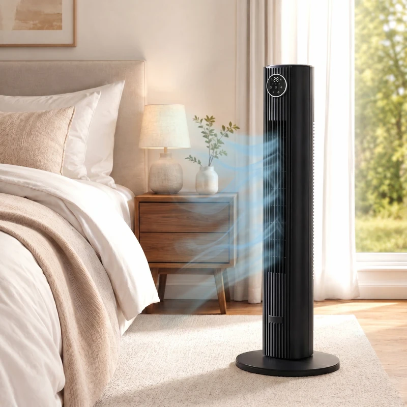 HOMCOM Ventilateur colonne silencieux 28dB, vitesse 8m/s, ventilateur tour chambre, 12 vitesses, 4 modes, minuterie 12H, noir