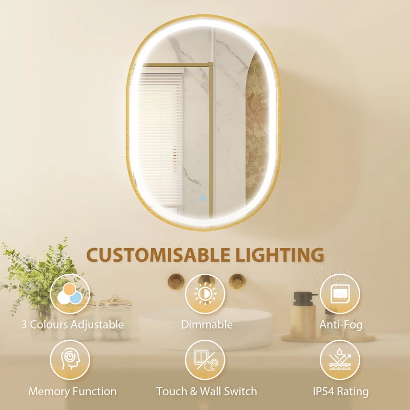 HOMCOM Armario de Baño con Espejo y Luces LED de 3 Colores Armario de Pared Ovalado con Función Memoria y Antivaho Dorado