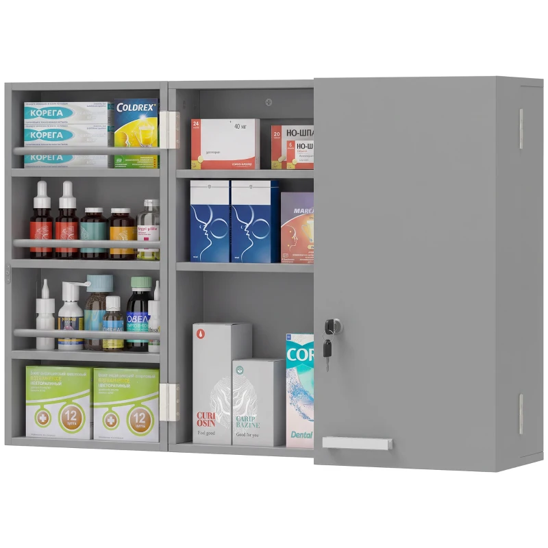 HOMCOM Armário de medicamentos de parede com portas duplas, armário de banheiro com 4 prateleiras, com fechadura e 2 chaves, Cinza
