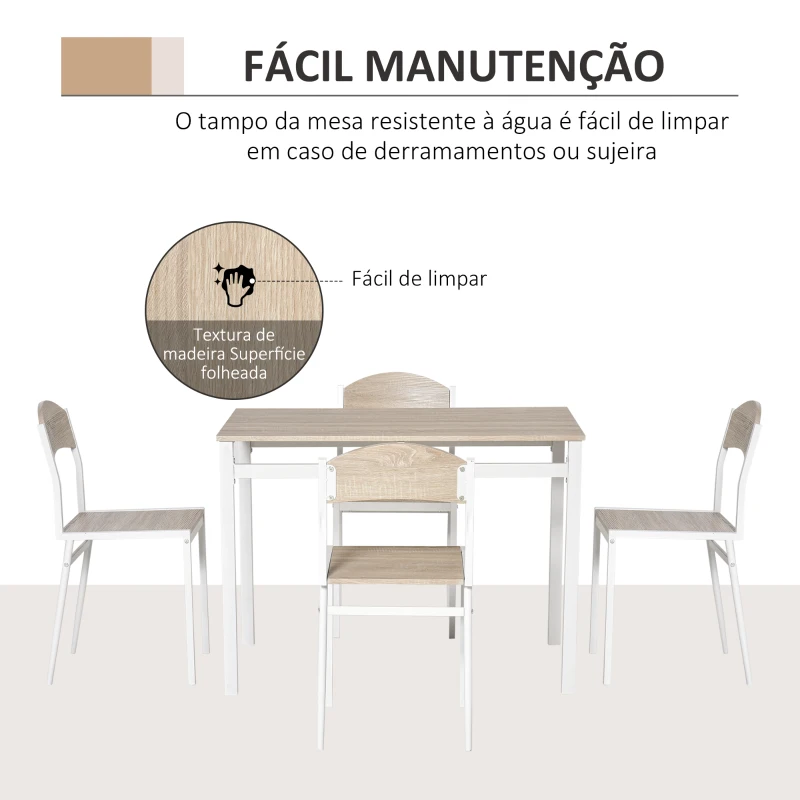 HOMCOM Conjunto de Mesa e Cadeiras de Refeição Mesa de Cozinha Retangular com 4 Cadeiras Estilo Moderno Carvalho e Branco