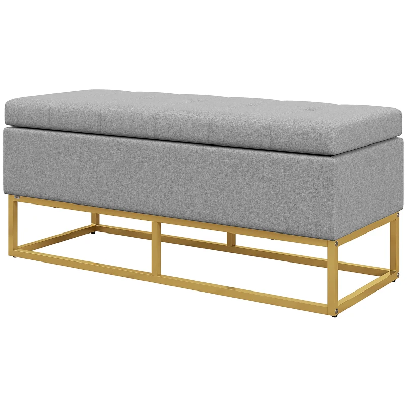 HOMCOM Banc banquette coffre de rangement 2 en 1 assise capitonnée et pieds acier 110 x 44 x 48 cm gris et doré