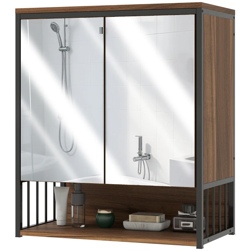 HOMCOM Armoire murale salle de bain avec miroir meuble salle de bain avec compartiment ouvert porte à fermeture amortie marron
