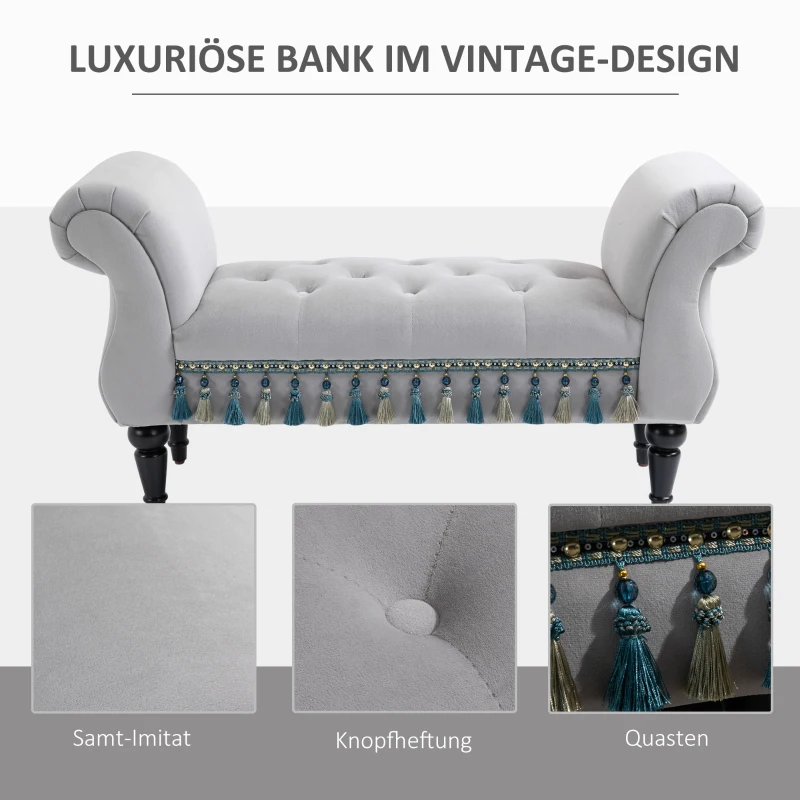 HOMCOM luxe zitbank, gestoffeerde bank, krukje, polyester, populierenhout, rubber, schuimstof, grijs, 117 x 40 x 58 cm