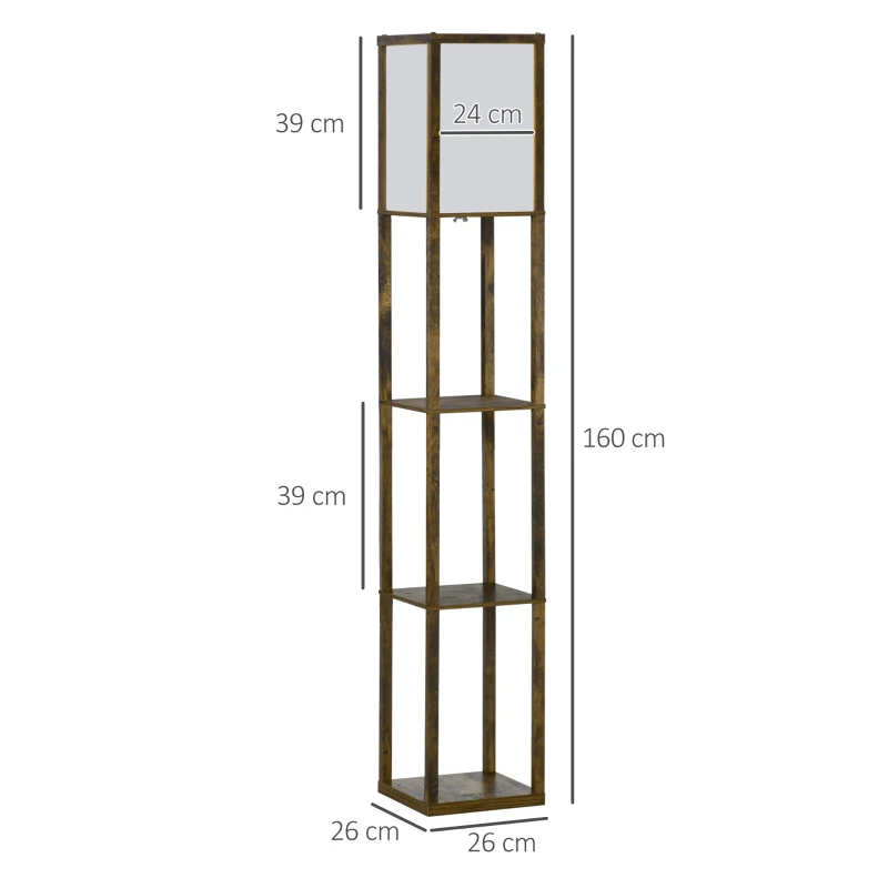 HOMCOM Candeeiro de Pé de Madeira com 3 Prateleiras para Lâmpada E27 Potência Máx. 40W 26x26x160 cm Marrom Rústico