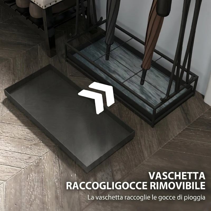 Suport de Umbrele HOMCOM cu Tavă pentru Apa, 21 de Orificii și 24 de Cârlige pentru Umbrelă, din Oțel, 50x24x68 cm, Negru