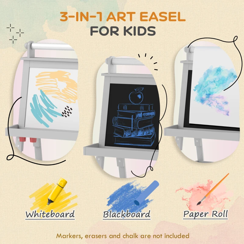 AIYAPLAY 3 in 1 Kids Easel Double-Sided Magnetic Whiteboard and Chalkboard with Paper Roll, Storage Baskets - Grey