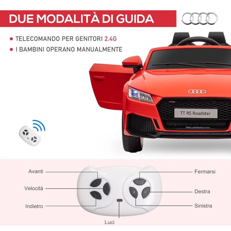 HOMCOM Macchina Elettrica per Bambini 3-5 Anni Licenza AUDI TT con Telecomando e Fari LED, 102x60x44 cm, Rosso
