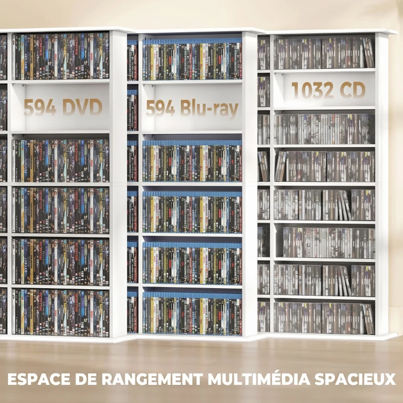 HOMCOM Meuble de rangement 1032 CDs / 594 DVDs, étagère multimédia, 24 compartiments et 18 étagères ajustables, blanc