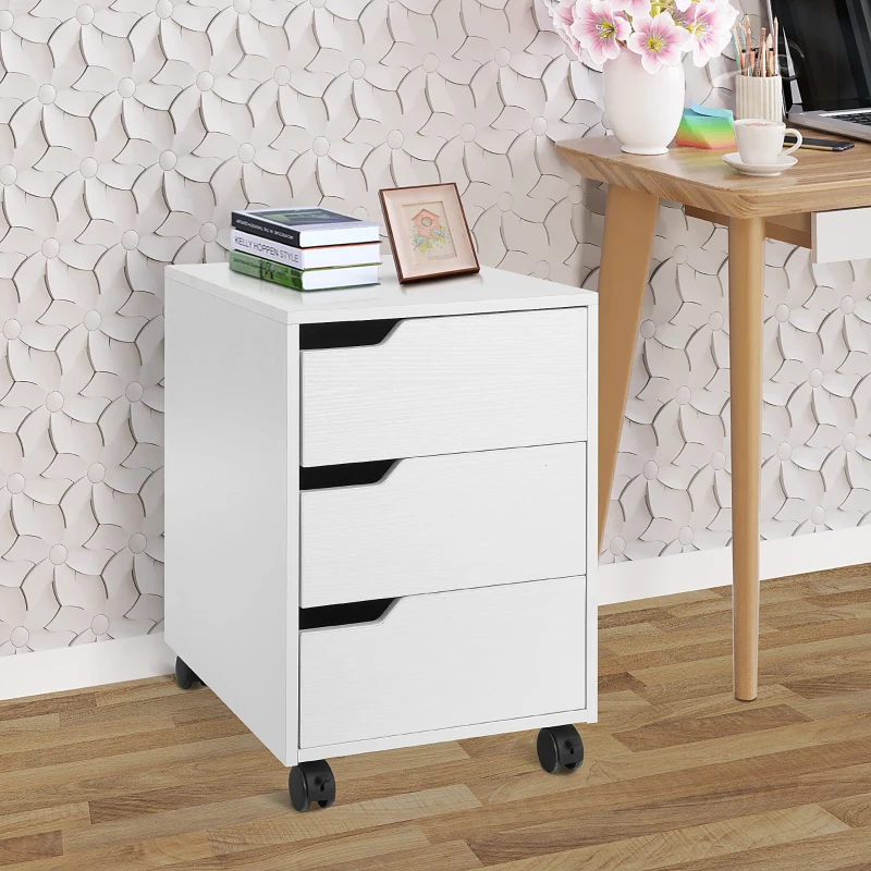 HOMCOM Cassettiera da Ufficio a 3 Cassetti con Maniglie a Scomparsa, in Legno e Metallo, 40x50x57.5 cm, Bianco