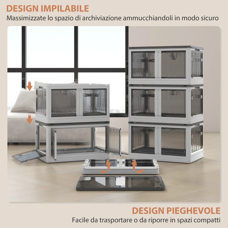 HOMCOM Contenitore in Plastica con Coperchio Impilabile e Pieghevole da 69L, 5 Aperture e Ruote, Bianco
